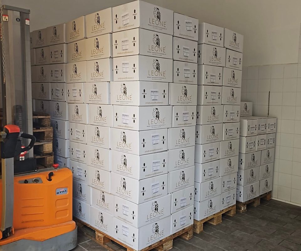 Pallet con cartoni Leone pronti per la preparazione della spedizione